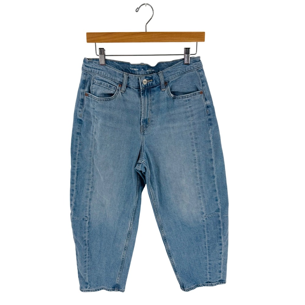 Old Navy Medium Wash Barrel Leg Jeans Size 10 Petite Scandi Style Modern Seam